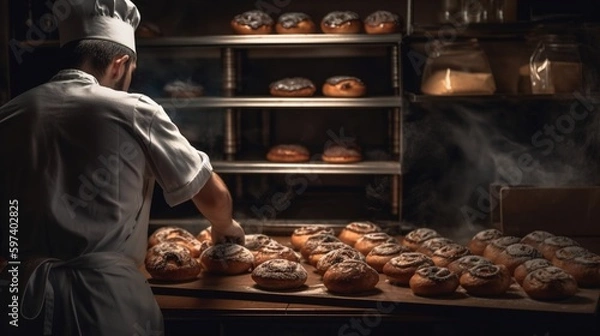 Fototapeta Bakery worker making fresh tasty pastry and bread in bakery shop Generative AI