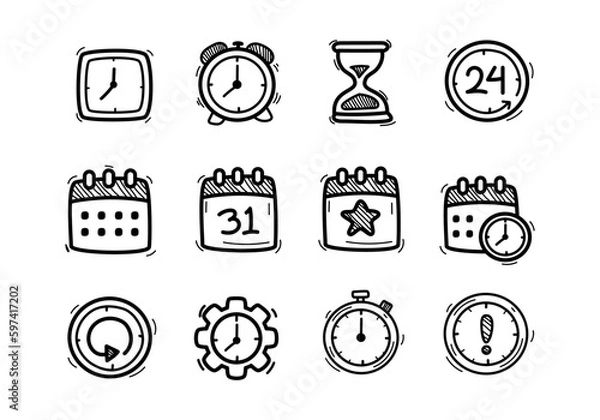 Fototapeta Set of time and calendar icons in cute doodle style isolated on white background