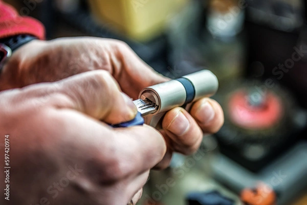 Fototapeta Testing door lock cylinder with key. Locksmith theme