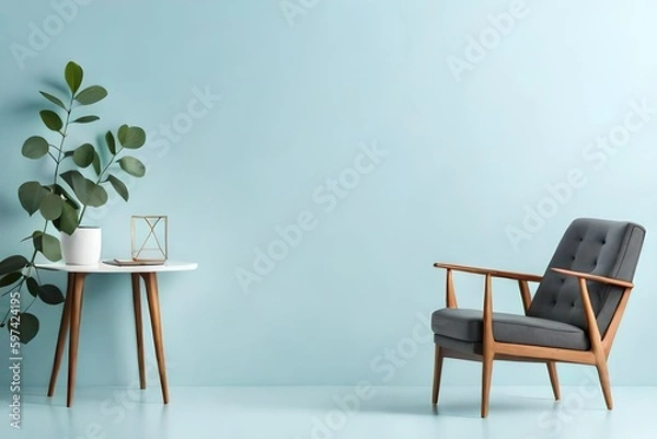 Fototapeta armchair and natural eucalyptus isolated on pastel blue background with copy space