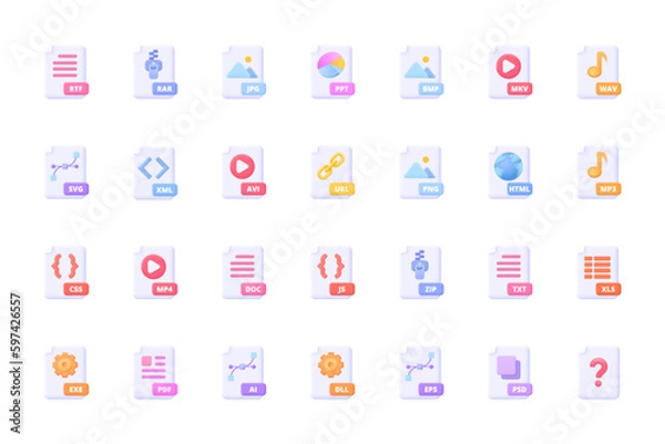 Fototapeta File type, document format icon set: avi, txt, mp3, png, zip, ai, html, pdf. Large file 3d vector icon collection for mobile or desktop application. Three dimensional vector colourful pictogram set. 