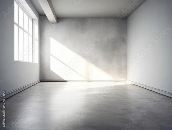 Fototapeta An empty room with a window lit by sunlight, natural shadow overlay, suitable for product placement. Generative ai
