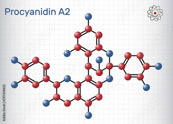 Fototapeta Procyanidin A2, proanthocyanidin A2 molecule. Natural product, used in urinary tract infection prevention. Structural chemical formula, molecule model. Sheet of paper in a cage