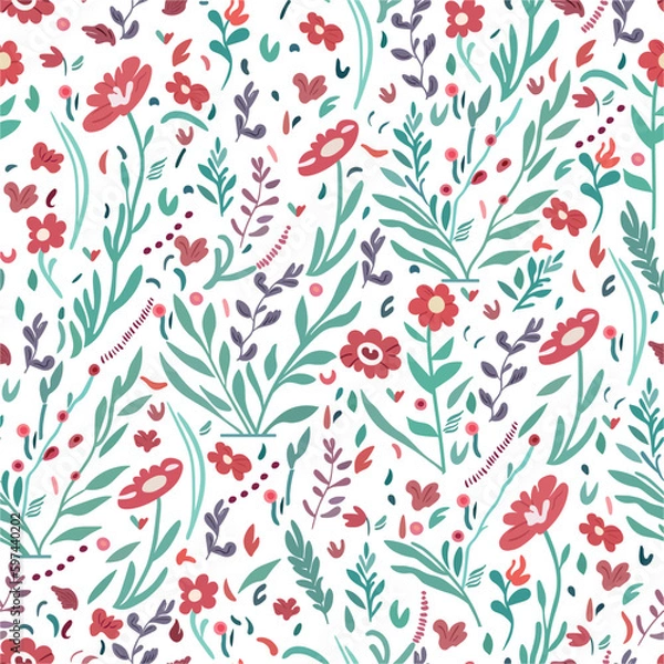 Obraz Vector pattern for fabrics depicting red wild flowers of different sizes on a light background. Suitable for use in textiles. Small pattern.
