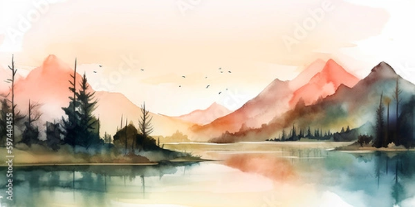 Obraz generative ai illustration of beautiful landscape with mountains and lakes in watercolor, aquarelle look