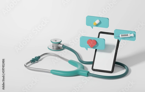 Fototapeta Message bubble on phone screen with stethoscope health check on white background.