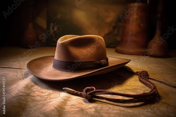 Fototapeta Indiana Jones's hat and whip lying on an ancient citadel map, created with Generative AI technology