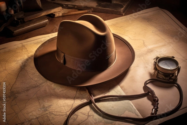 Fototapeta Indiana Jones's hat and whip lying on an ancient citadel map, created with Generative AI technology