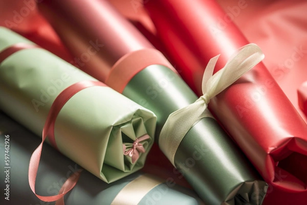 Fototapeta Colorful red, pink, green, blue wrapping paper rolls. Generative AI
