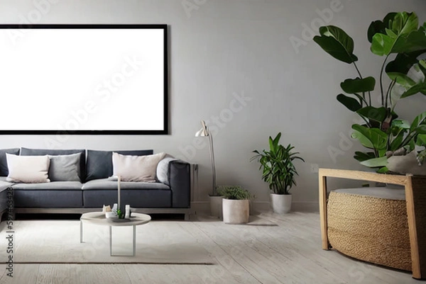 Fototapeta Interior design of a greenish grey living room with blank black poster mock up frame. Stylish home decor, grey couch, wall mockup template. 