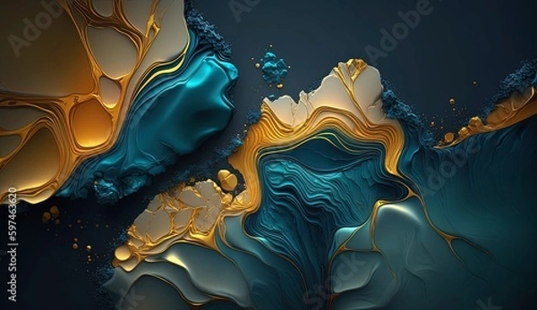 Fototapeta Luxurious Abstract Golden Blue Jade Wallpaper - Swirling Patterns, Vibrant Gradients & Elegant Design. Generative AI