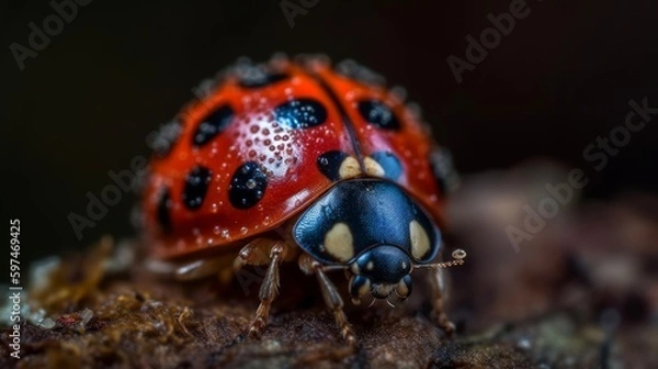 Fototapeta A zoomed in portrayal of a ladybugs spotted shell. AI generated