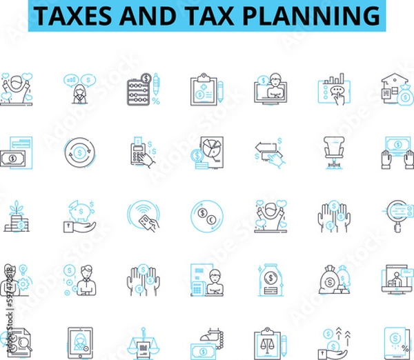 Fototapeta Taxes and tax planning linear icons set. Deductions, Refunds, Returns, Income, Filing, Credits, Audits line vector and concept signs. Exemptions,IRS,Taxpayers outline illustrations
