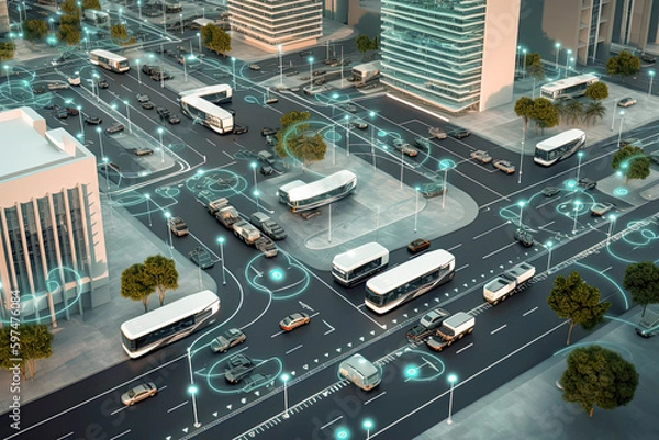 Obraz smart cities connect vehicles to buildings to persons, illustration, generative ai