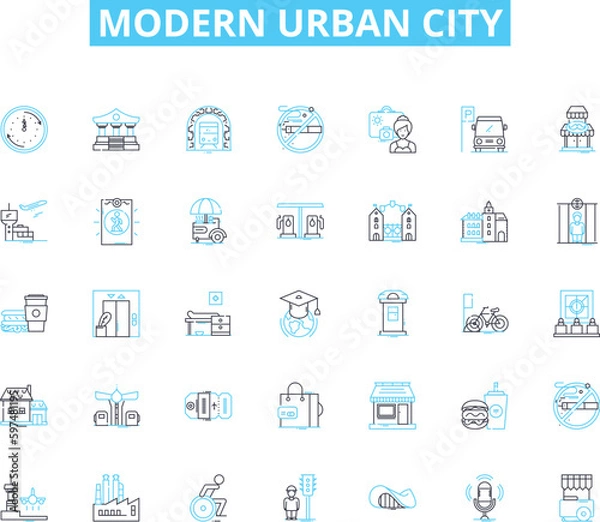 Obraz Modern urban city linear icons set. Skyscrapers, Diversity, Traffic, Graffiti, Pollution, Nightlife, Architecture line vector and concept signs. Subway,Highways,Pedestrians outline illustrations
