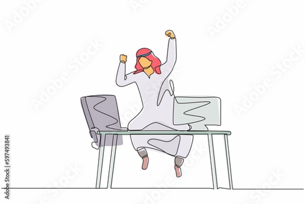 Fototapeta Single continuous line drawing happy Arab businessman jump with raised hands on his workplace. Male manager celebrating success of increasing company product sales. One line draw graphic design vector