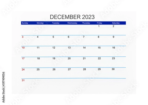 Fototapeta The December 2023 Calendar page for 2023 year isolated on white background, Saved clipping path.