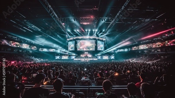 Obraz E-sports arena, filled with cheering fans and colorful LED lights. Players compete on a large stage in front of a massive screen displaying the game. Generative AI