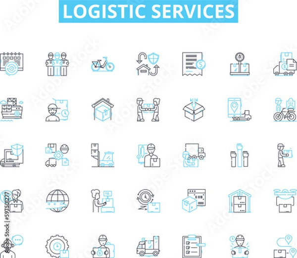 Fototapeta Logistic services linear icons set. Warehousing, Transportation, Supply Chain, Distribution, Logistics, Freight, Inventory line vector and concept signs. Shipping,Consolidation,Route outline