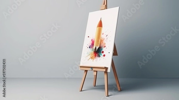 Fototapeta Easel with canvas, painted rocket, white background, digital illustration. Generative AI