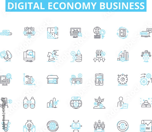 Obraz Digital economy business linear icons set. Innovation, E-commerce, Startup, Cryptocurrency, Blockchain, Automation, Big data line vector and concept signs. Cybersecurity,Internet,Mobile outline