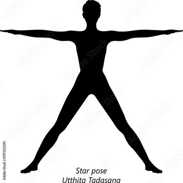 Fototapeta Flat black silhouette of young woman practicing yoga, doing Star pose or Five Pointed Star pose or Utthita Tadasana. Standing and Neutral. Vector illustration isolated on transparent background.