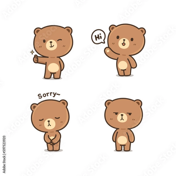Obraz Set of cute and kawaii brown bear in many posture isolated vector