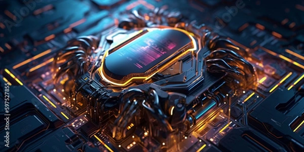 Obraz science fiction high-tech cpu, colorful abstract circuit cyberspace design, metallic shiny futuristic supercomputer design, generative ai