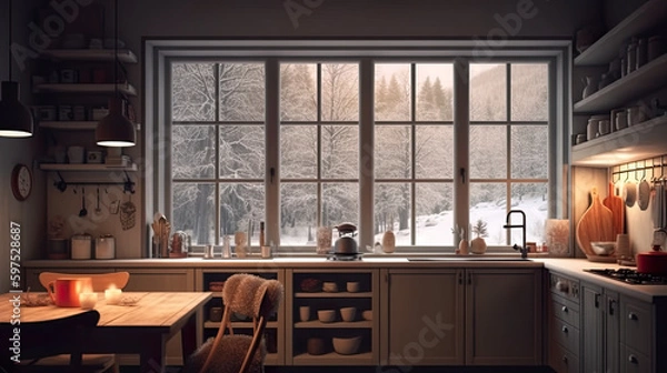 Fototapeta Cosy kitchen with large window facing winter forest, Scandinavian style, AI generative modern kitchen interior