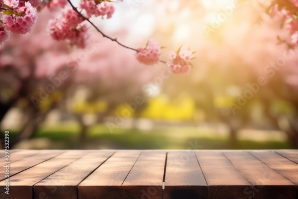Fototapeta Wooden table with blurry flower background for product display , Generative AI