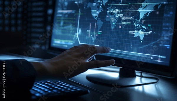 Obraz Businessman pointing to chart, success in data generated by AI