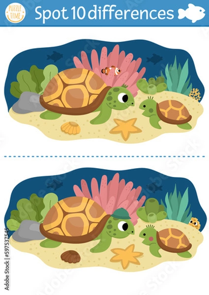 Fototapeta Find differences game for children. Under the sea educational activity with cute mother and baby turtle. Ocean life puzzle for kids with water animal character. Underwater printable worksheet or page.
