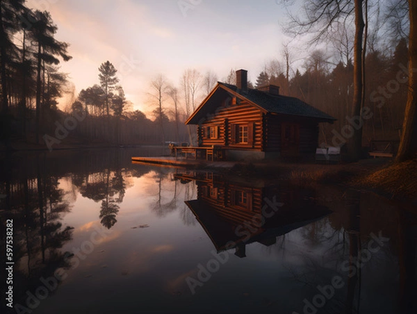 Fototapeta A wooden cabin by the lake, front view, sunset