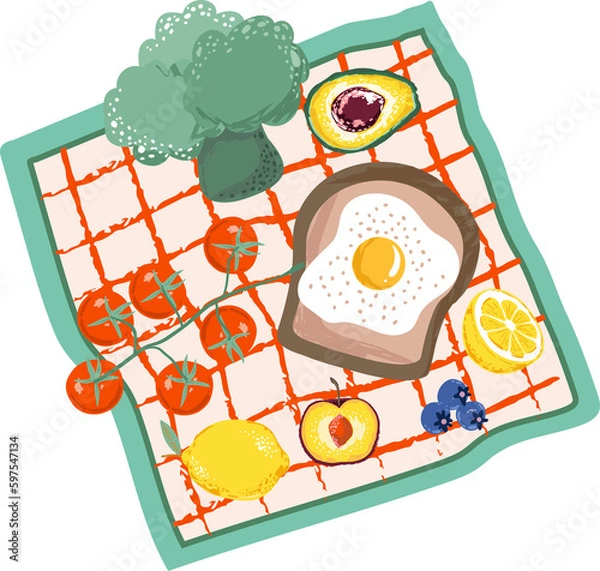 Fototapeta Picnic day. Hand drawn picnic  basket, drinks, Fruits, cups, plates, food, Element