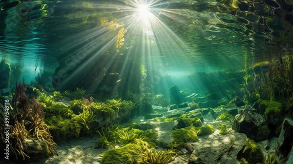 Fototapeta underwater scene with reef and sun shine.Generative Ai