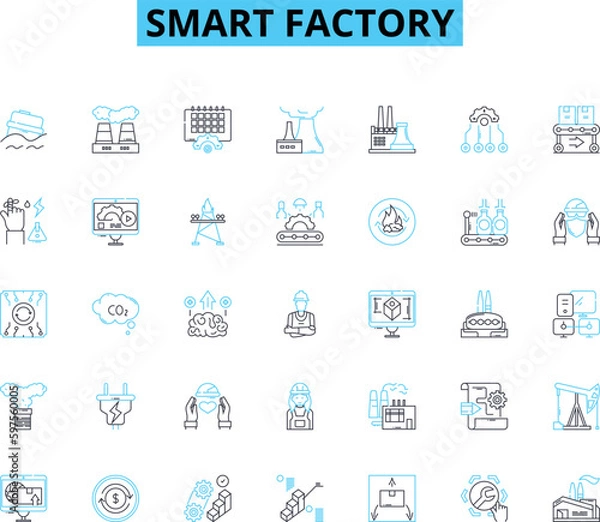 Obraz Smart factory linear icons set. Automation, Robotics, IoT, Industry , Data, Quality, Efficiency line vector and concept signs. Collaboration,Innovation,Predictive outline illustrations Generative AI