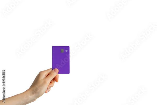 Fototapeta hand holds a bank card on an isolated background. payment online. credit card in hand on a transparent background.