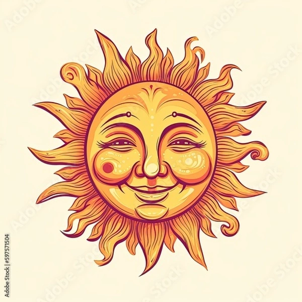 Fototapeta Illustration of a sun with face on a colored background. Generative AI