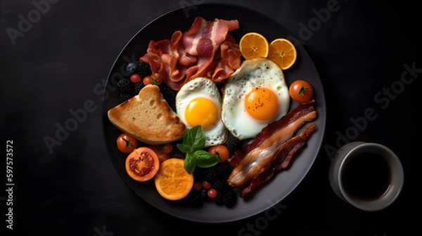 Fototapeta Plate with breakfast. Fried eggs with bacon, bread and fruits. Generative AI.