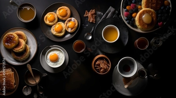 Fototapeta Breakfast on the dark background. Pancakes, tea, sauce, berries and honey. Geveraive. AI.