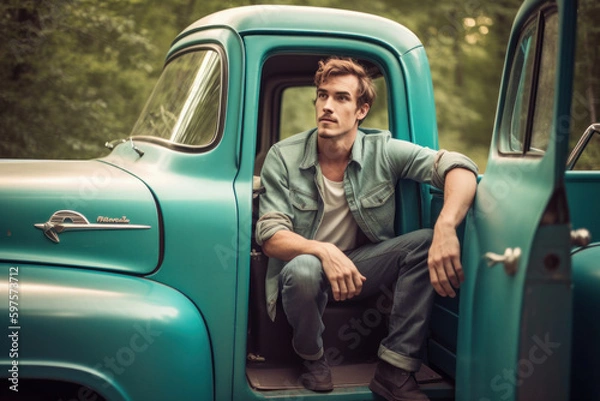 Fototapeta Man sitting in vintage truck, generative ai