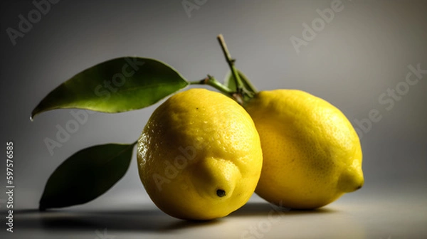 Fototapeta Two lemons close up with leaves on grey background. Generative AI.