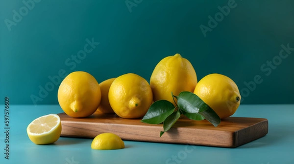 Fototapeta Lemons on a chopping board on a blue background. Generative AI.