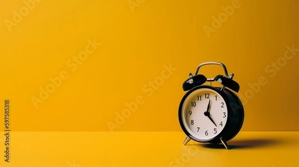 Fototapeta A alarm clock on a yellow background with copy space. Created with Generative AI Technology