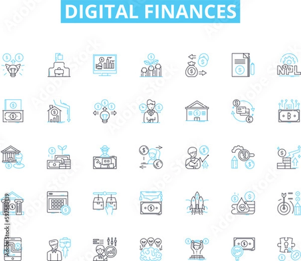 Fototapeta Digital finances linear icons set. Cryptocurrency, Blockchain, Fintech, Mobile payments, E-wallets, Online banking, Contactless line vector and concept signs. Digital currency,Bitcoin,Decentralized