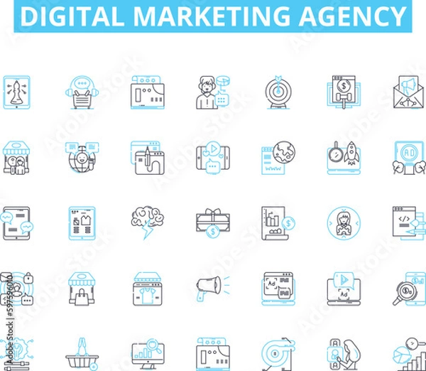 Fototapeta Digital marketing agency linear icons set. Strategy, Analytics, SEO, PPC, Social, Branding, Content line vector and concept signs. Email,Mobile,Design outline illustrations