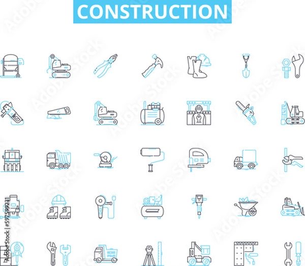 Obraz Construction linear icons set. Renovation, Framing, Roofing, Pouring, Demolition, Carpentry, Foundation line vector and concept signs. Blueprints,Concrete,Excavation outline illustrations