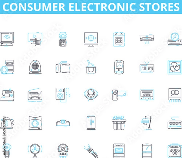 Obraz Consumer electronic stores linear icons set. Gadgets, Appliances, Smartphs, Tablets, Laptops, Cameras, Headphs line vector and concept signs. Speakers,Gaming,Wearables outline illustrations
