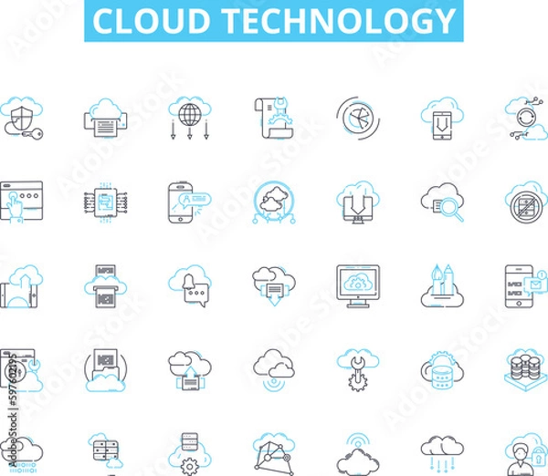 Obraz Cloud technology linear icons set. Scalability, Virtualization, Automation, Efficiency, Security, Flexibility, Cloud-native line vector and concept signs. Elasticity,Resilience,Interoperability