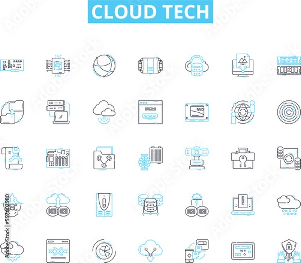 Fototapeta cloud tech linear icons set. Virtualization, Infrastructure, Computing, SaaS, PaaS, IaaS, Storage line vector and concept signs. Security,Integration,Migration outline illustrations